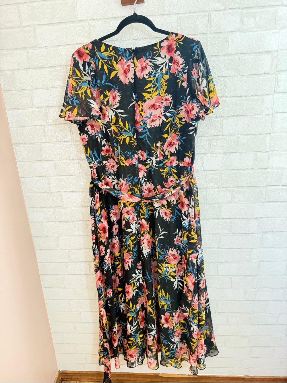 Lane Bryant Black Floral Midi Dress with Pink & Yellow Accents #3114